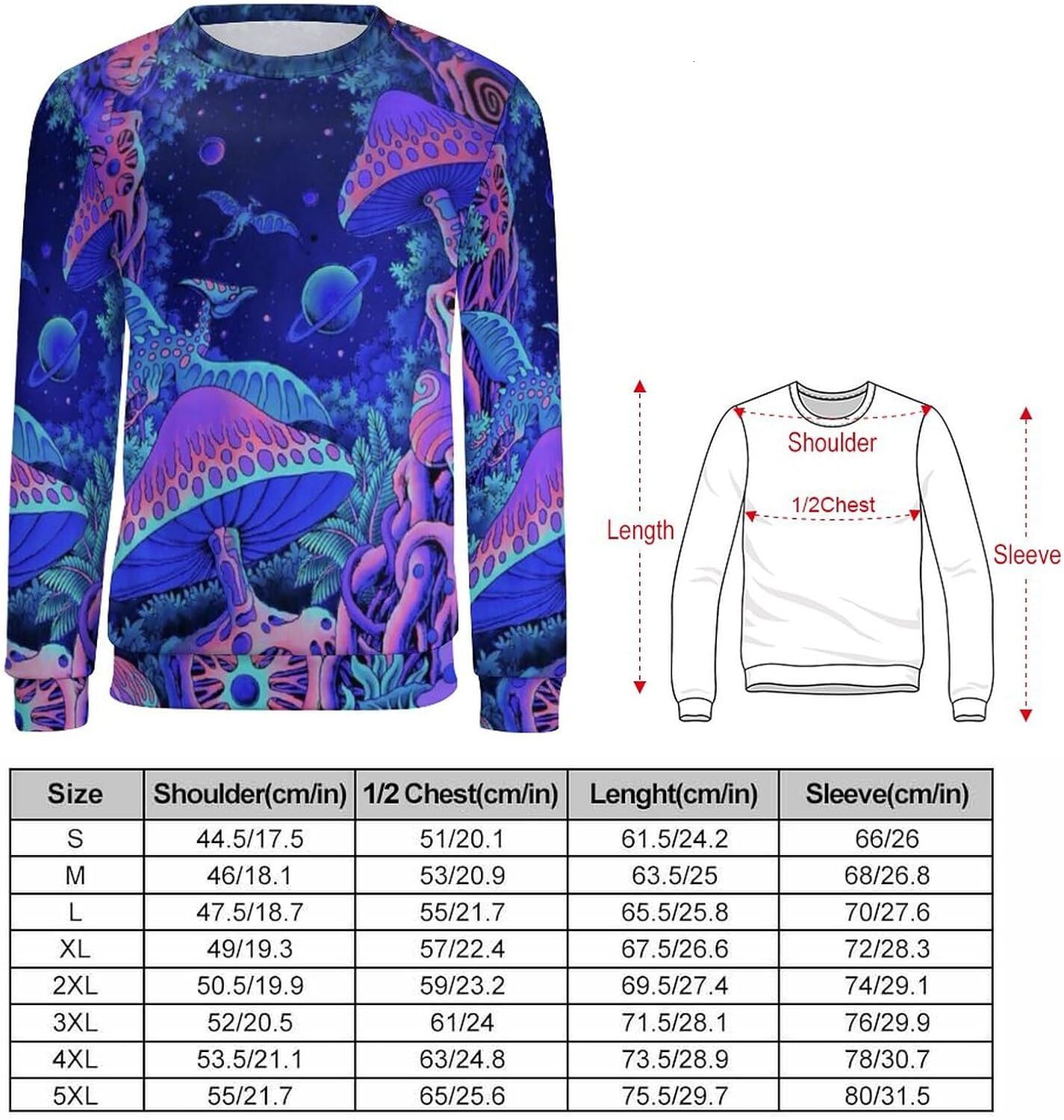 Long Sleeve Shirts for Men sweatshirt Men's Art Colorful Mushroom Raglan Round Neck Long Sleeve Sweatshirt Pullover T shirt Tee Streetwear Casual