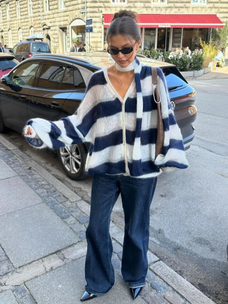 Fashion contrast striped womens knitted cardigan with scarf casual Vneck lantern sleeve sweater jacket fashion 241007