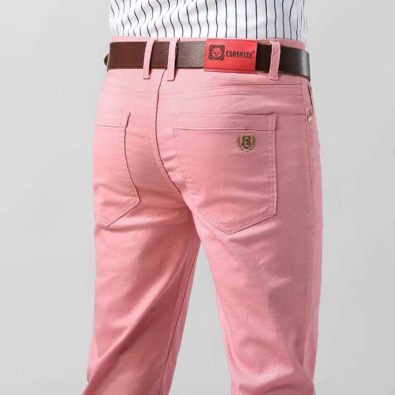 Mens casual elastic tight jeans new elastic yellow pink ultra-thin mens clothing solid color simple business denim TrouserW240715