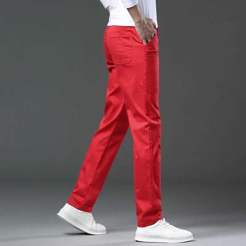 New Spring/Autumn Mens Multi Pocket Design White Tight Jeans Fashion Casual Khaki Red Comfortable Stretch JeansW240715