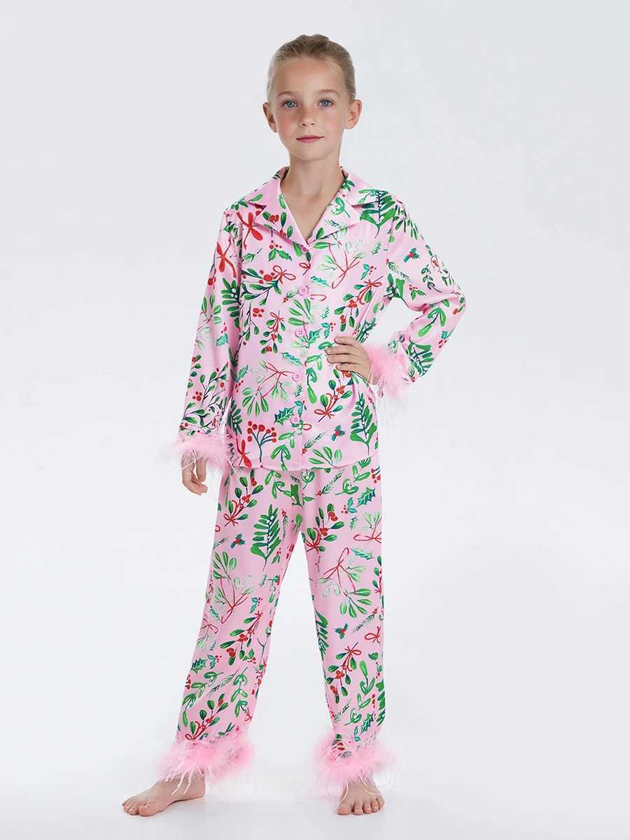Mom and I Christmas pajama set with feather decoration 2 pieces of pajamas Pjs baby girl lounge pajamas W241008