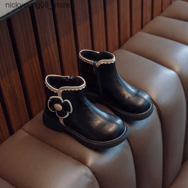 Boots 2-12Years Old Kids Boots Fashion Warm Children Ankle Booties Autumn Winter Girls Flowers PU Leather Shoes Footwear Black Beige L240910