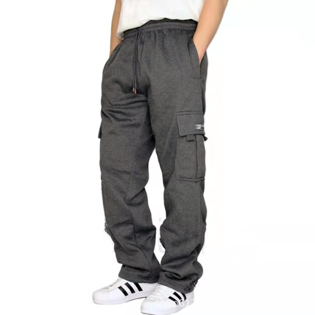 2024 new sports and leisure pants with velvet bundle feet multiple pockets tie rope men's loose work clothes pants