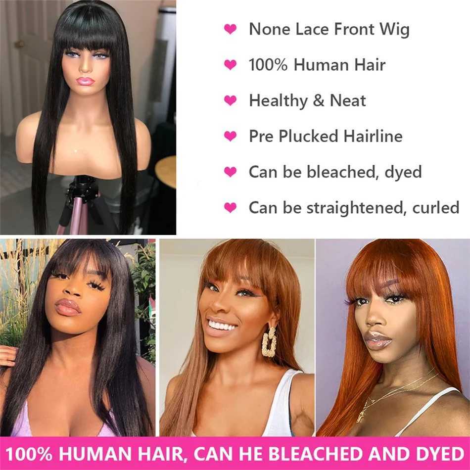 Brazilian Bone Straight Long 100% Human Hair Wigs With Bangs Natural Black Fringe Wig With Bangs For Women cheap wigs on SaleXJ241008