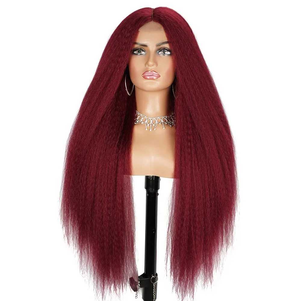 Long Brown Kinky Straight Wig Copper Red Yaki 28 30 inch Wigs For Women With Natural Hairline Hair Heat Temperature GluelessXJ241008