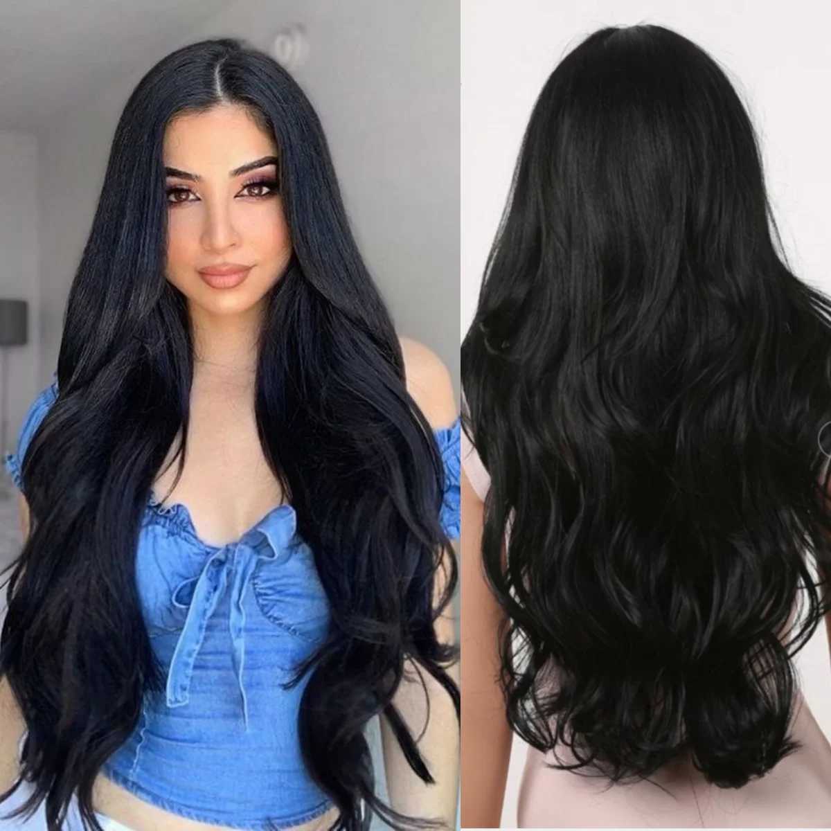 Long Wavy Black Synthetic Hair Wigs For Women Daily Party Cosplay Use Natural Long Curly Black Wig Heat Resistant FiberXJ241008