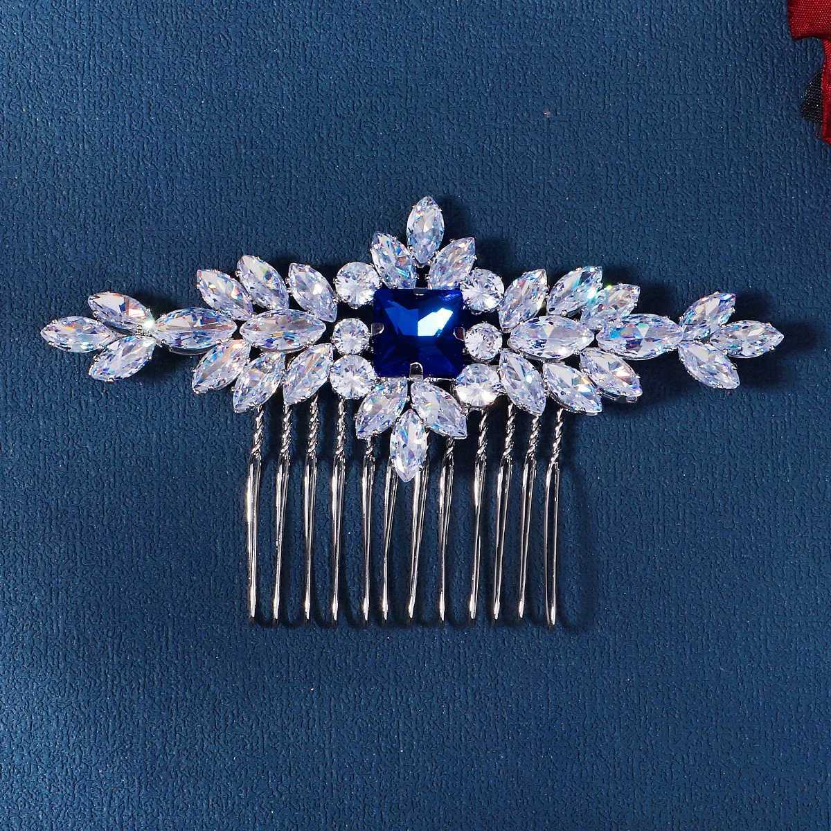 Luxury Silver Handmade Bridal Comb Blue Gemstone Crystal Set Bridal Wedding Plugin Comb Jewelry W241007
