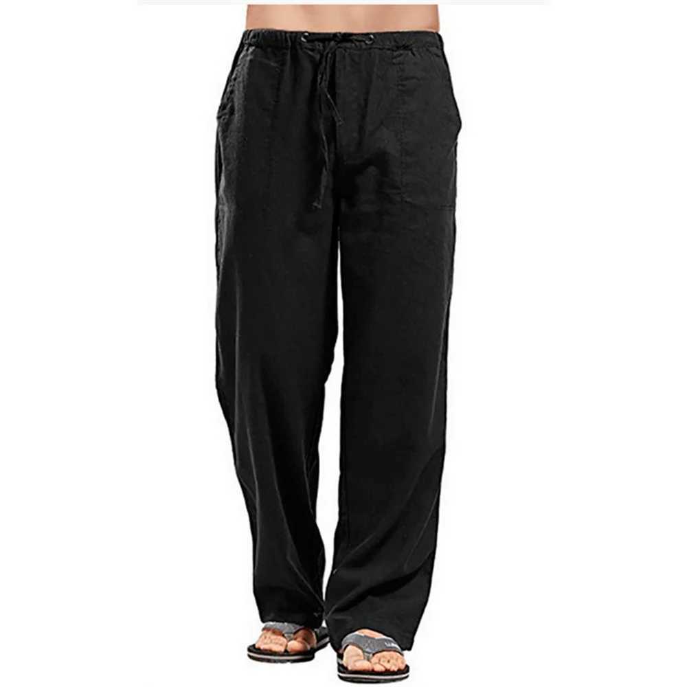 Mens Cotton Linen Pants Summer Solid Color Breathable Linen Trousers Male Casual Elastic Waist Fitness PantsX241008