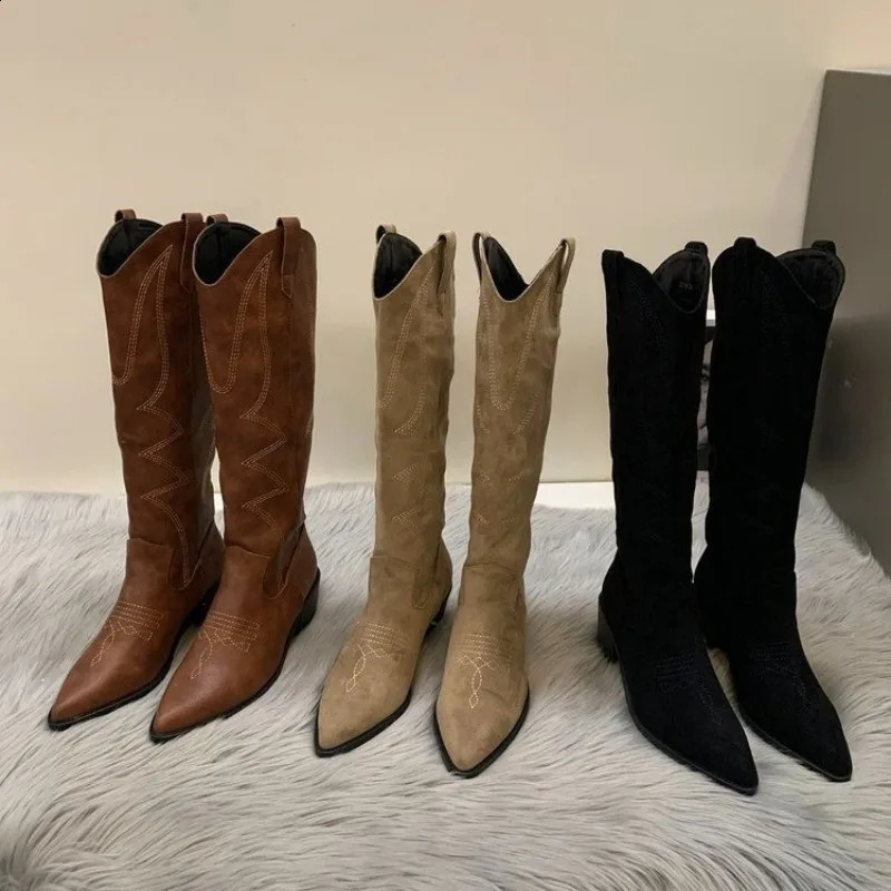 Womens denim boots fashionable square low boots womens elegant sliding on long boots winter corner toe womens shoes 241007