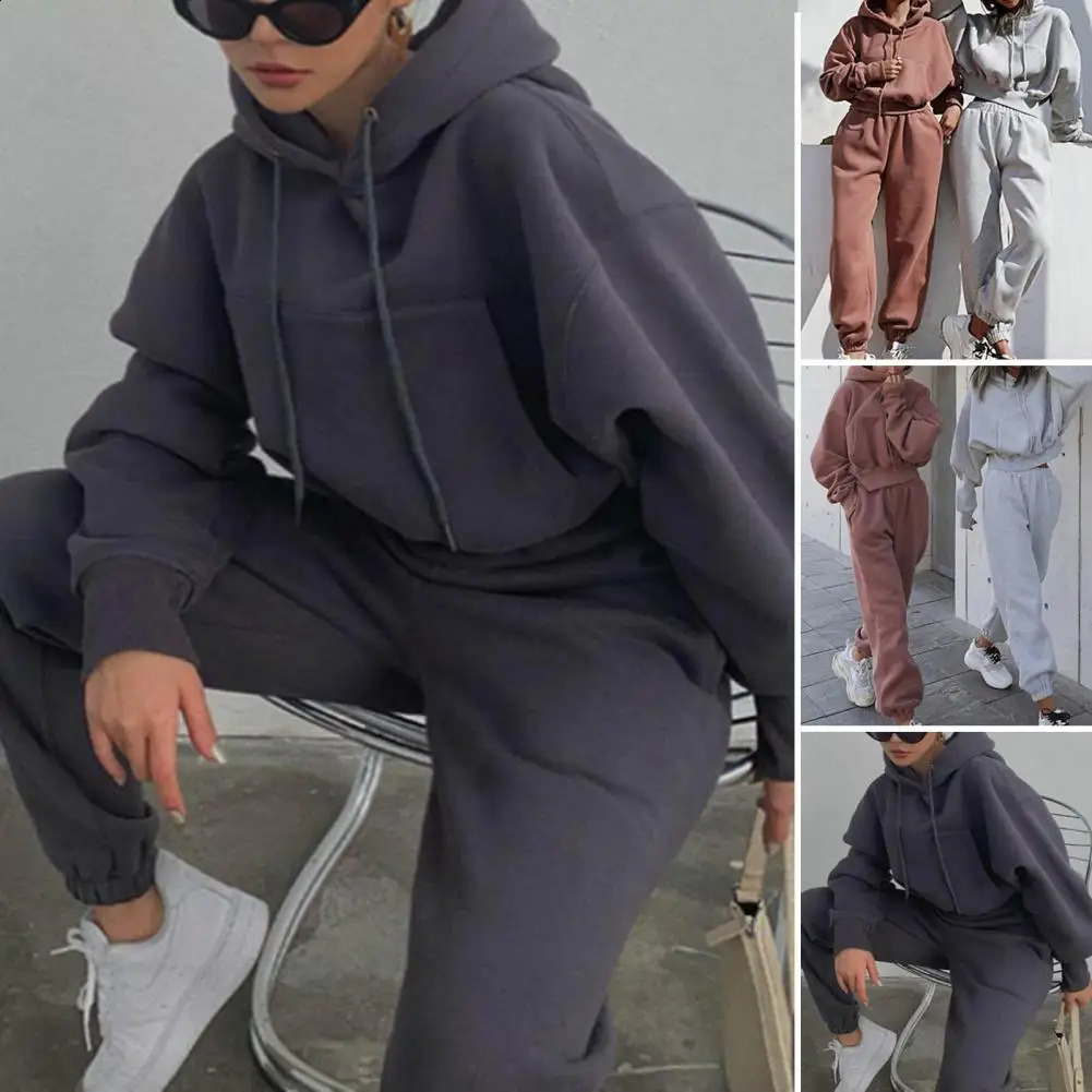 Womens 2piece Running Set Autumn Spring Solid Sweatshirt Long Sleeve Cut HoodieRunning Pants Plus Size Track and Field Wear 241007