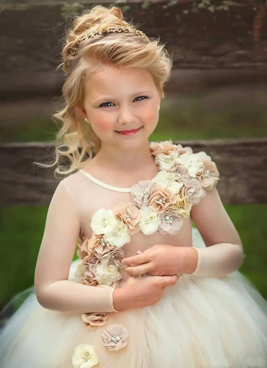 Cute 3D Floral Beaded Girls Pageant Dresses Children Birthday Holiday High-Low Party Dresses Princess Flower Girl Dresses
