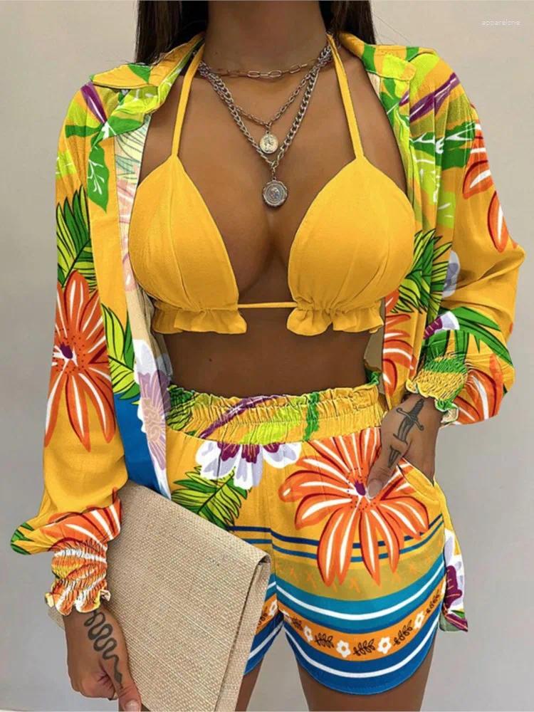 Women's Tracksuits Bathing Suit Shorts Cover Up Summer Three Pieces Swimwear Women Sexy Beachwear High Waist Bikini Set Print Swimsuit