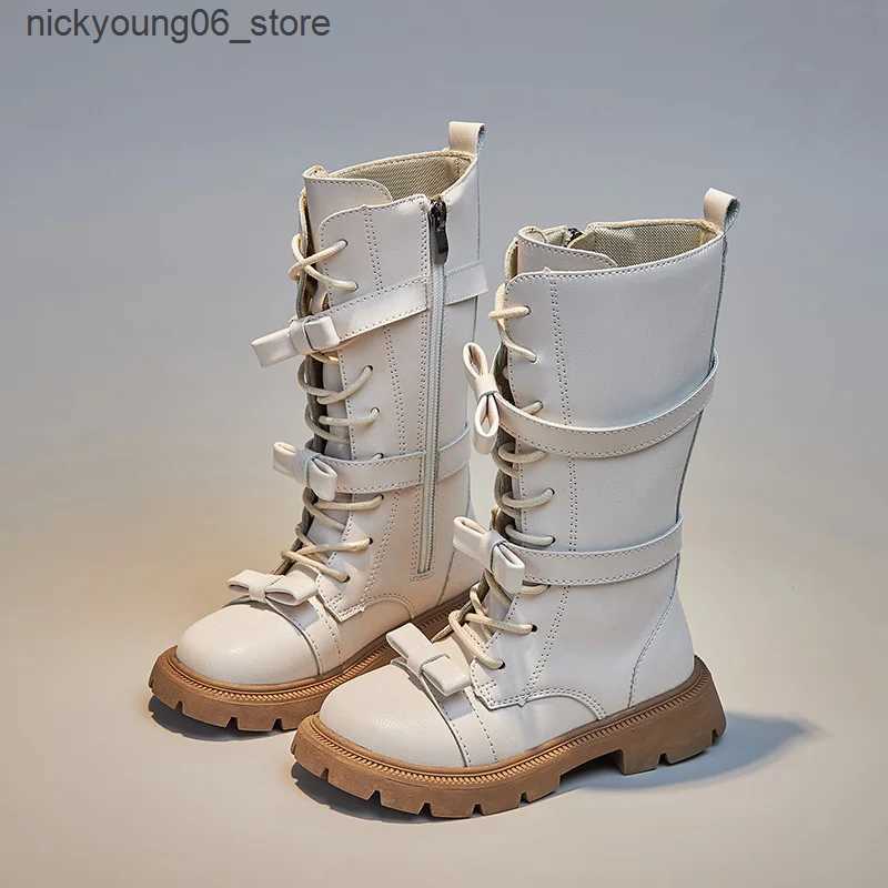 Boots 2023 Autumn Winter Girls Boots British Style Children High Top Boots Bow Princess Long Boots Outdoor Non-slip Kids Casual Shoes L240910