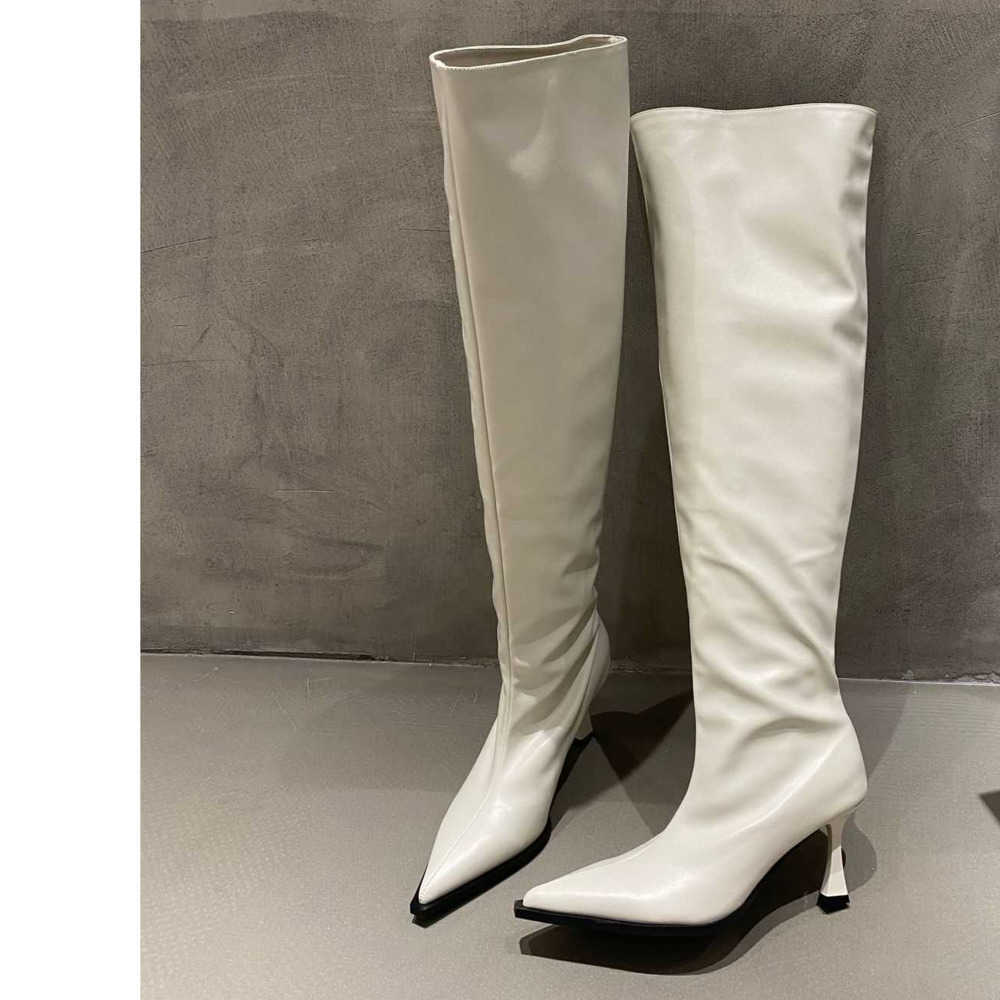 Spicy Girl Up Martin Boots Wide Tube Long Fashion Boots For Women Slimming Pointed High-heeled Soft Leather Boots Knee Long Tube Boots 240826
