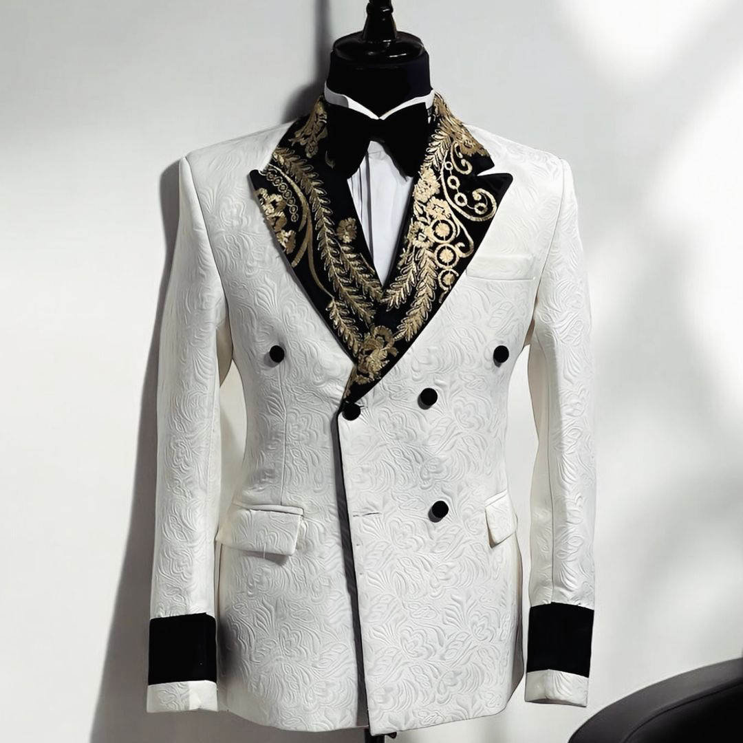 Elegant Wedding Suits Peaked Lapel Jacket 2 Piece Set Appliqued Jacquard Men's Tuxedo Tailored Dinner Prom Groom Blazer Custom Made(Coat+Black Pa