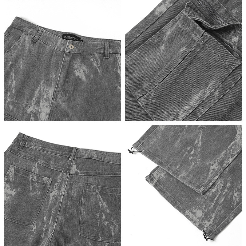 High Street Denim American Retro Tie Dye Cargo Pants Men Casual Straight Multi-Pockets Wide Leg Pant Hip Hop Trousers