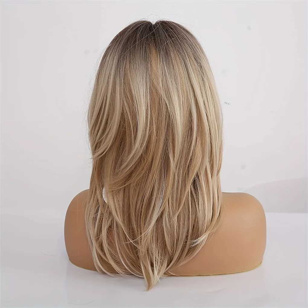 Ombre Color Blonde Wig with Bangs Long Straight Wigs for Women Synthetic Wig Dark Roots for Daily Party CosplayXJ241008