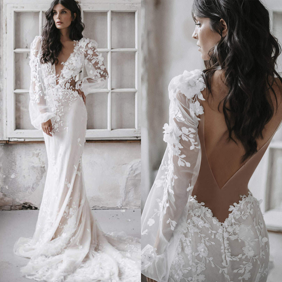 Sexy Mermaid Wedding Dress 3D Appliques Beaded Sequins V Neck Long Sleeve Bride Gowns Backless Bridal Dresses Custom Made