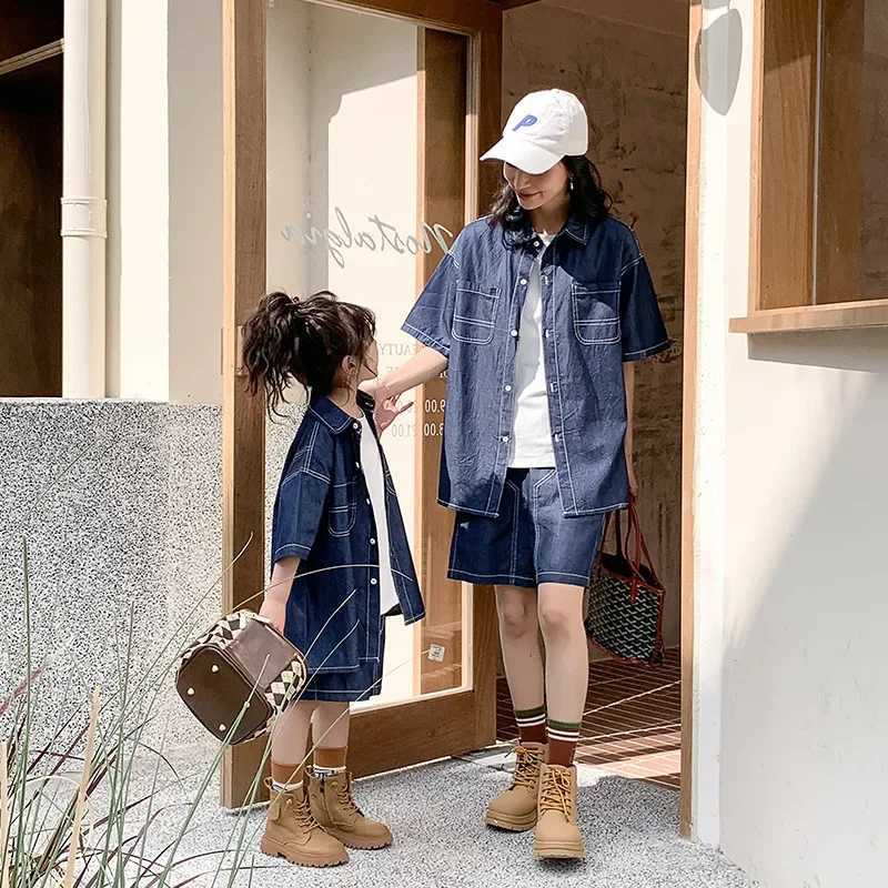Family Matching Outfits Mom and Son Set Dad Daughter Equal Clothes Fashion Summer Childrens Denim Shirts Top+shorts Jeans SuitXJ241008