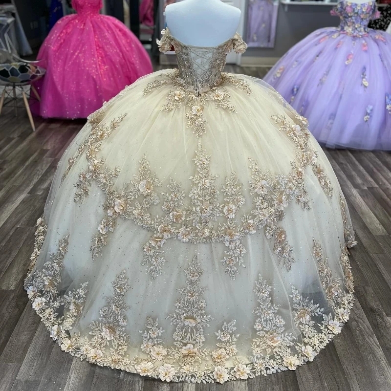 Light Champagne Shiny Quinceanera Dresses Off Shoulder Corset Ball Gown Applique Lace Beads Tull Sweet 16 Dress Vestidos De 15 Anos
