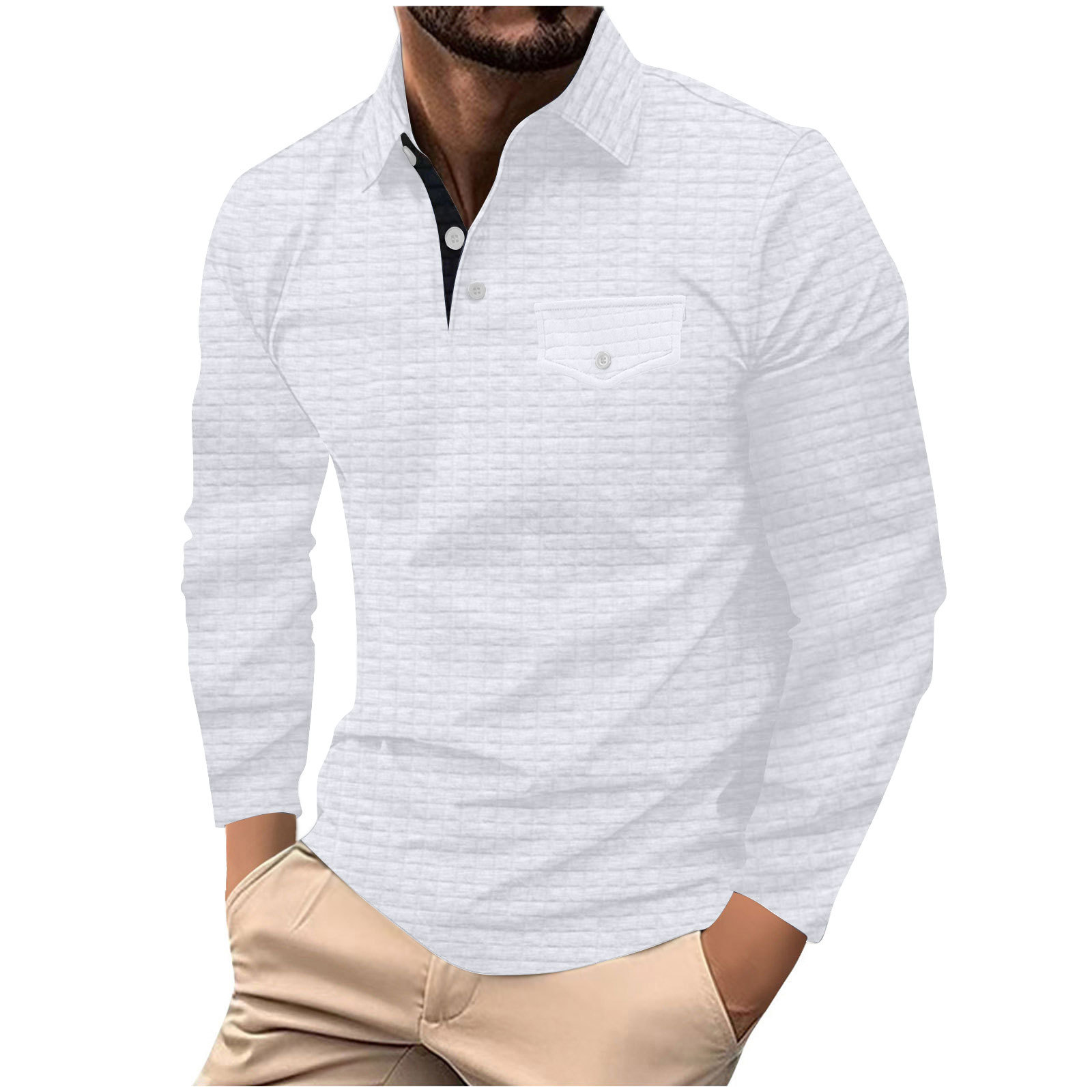 Men's long-sleeved plaid POLO shirt sports poloshirt with button pockets autumn Polo Shirts for Men, Casual T-Shirt, Cotton Clothing, Breathable 