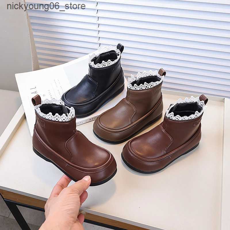 Boots Girls Ankle Boot Ruffled Edge Sweet Children Princess Black Boots Fashion Versatile Kids Elegant Short Leather Boots Non-slip L240910