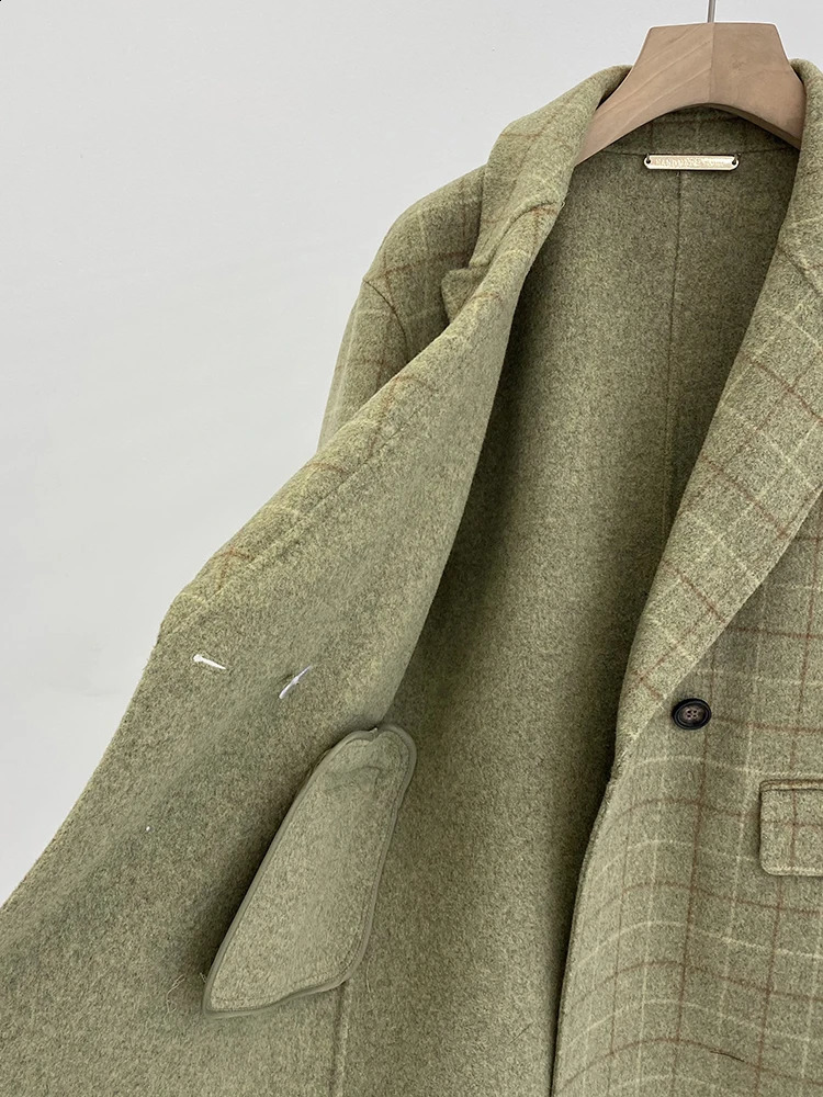 Green grid 100% wool coat womens Korean fashion elegant wool jacket 240927