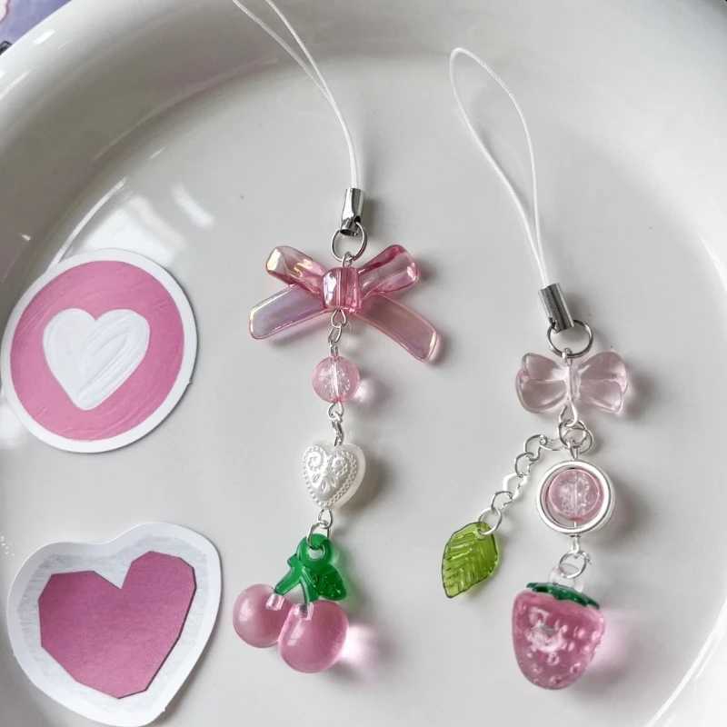 Strawberry Pendant Keyring Sweet Keychain Backpack Decoration Cherry Bowknot Keyholder Women Girl Jewelry OrnamentX241008