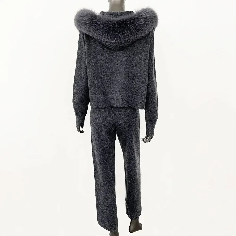 GENHUA AutumnWinter Fashion Sweater Set Womens Trouser Hooded Jacket with Detachable Fox Fur Collar Coat 240929