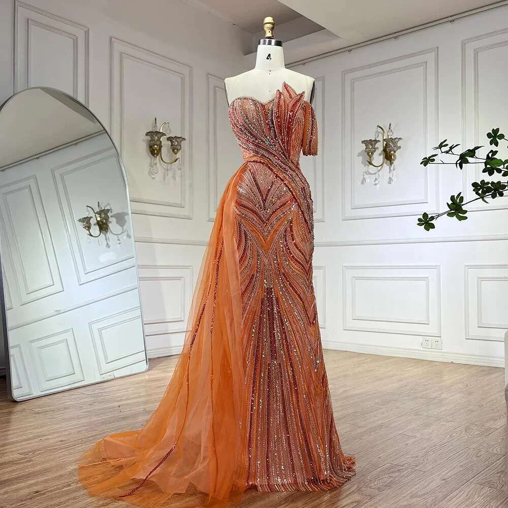 Serene Hill 2024 Orange Strapless Beaded Evening Gown with Side Skirt Elegant Party Dresses for Women DLA72662
