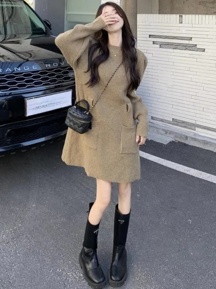 QWEEK Autumn Winter Knitted Sweater Womens Retro Long Sleeve Mini Belt Short Skirt 241007