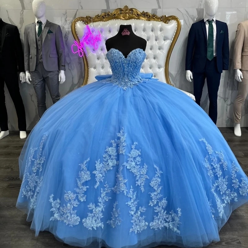 Sky Blue Shiny Off The Shoulder Quinceanera Dresses Ball Gown Tulle Lace Applique Sweet 16 Dress Birthday Party Vestido De Charra 15 Anos