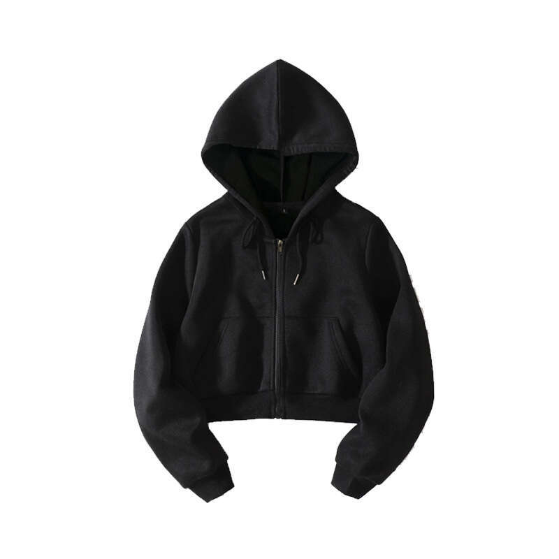 Warehouse thin fish scale fabric 280g hooded short style exposed belly button long sleeved jacket with looped zipper sweatshirt