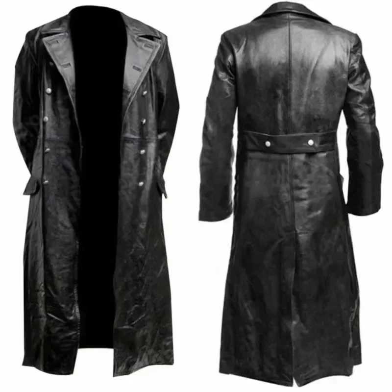 Black leather raincoat officer military classic German mens jacket mens long jacket W241007