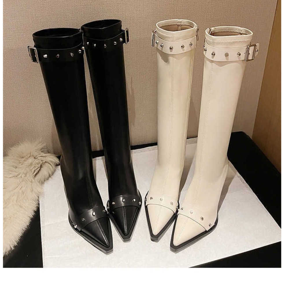 Riveted Long Tube Martin Boots For Women With Slim Heels Fashion Boots French Style Pointed High Tube Boots Black High Heels Slimming Boots 240826