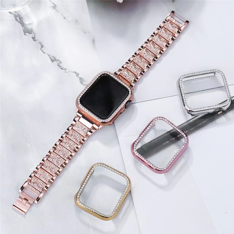 Diamonds Band + Cases with AppleWatch Band Case 40mm for Apple Watch Series 10 9 8 7 6 Bling Cases Crystal Diamond Protective Cover Bumper for 46mm 38