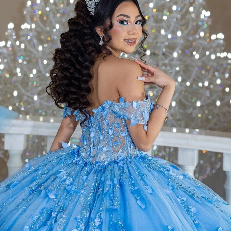 Sky Blue Shiny Princess Quinceanera Dresses Appliques Lace-up Corset Off Shoulder Party Birthday Vestidos De 15 Anos Sweet 16 Dress