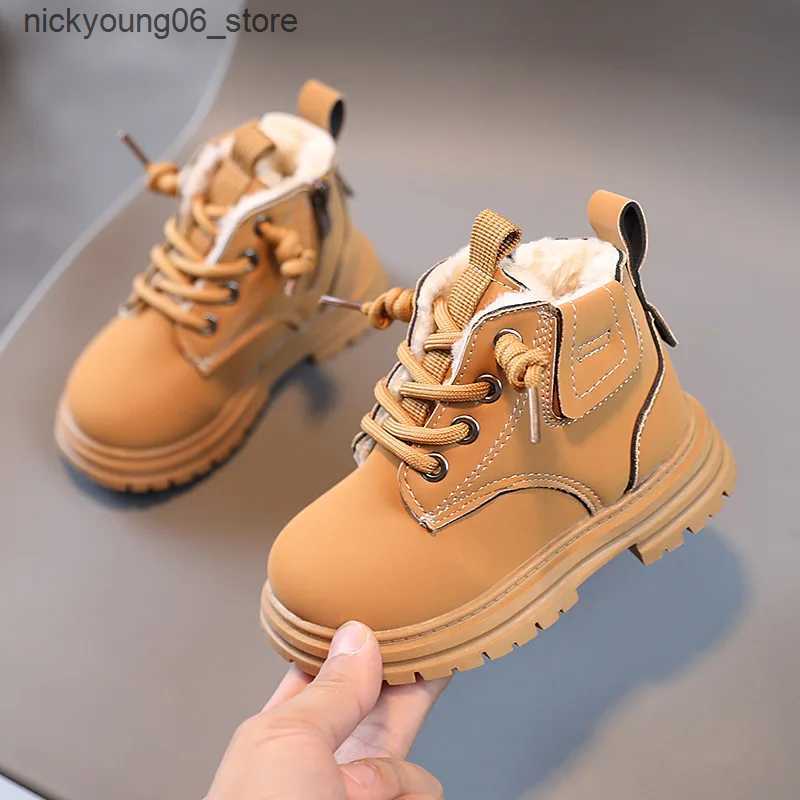 Boots New Childrens Fashion Boots Winter Thickened Boys Girls Anti Slip Warm Leather boots Side Zipper Solid Color Kids Casual Shoes L240910