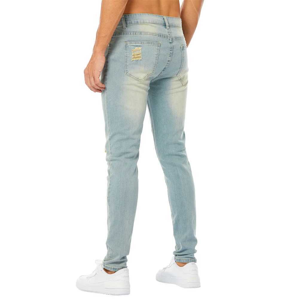 Simple retro style solid hole mens tight jeans Trouser mens fashionable tear elastic casual jeansW240715