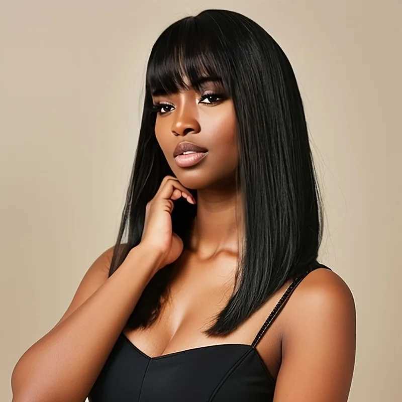 Wig female comic strip hair bangs medium long hair black chemical fiber high temperature silk mechanism head coverXJ241008