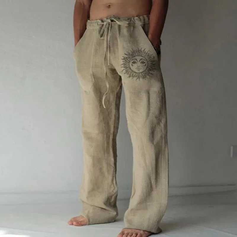 Mens Casual Pants sweatpants Sun Flower Print Full Length Pants Pocket Drawstring Linen Trousers MenX241008