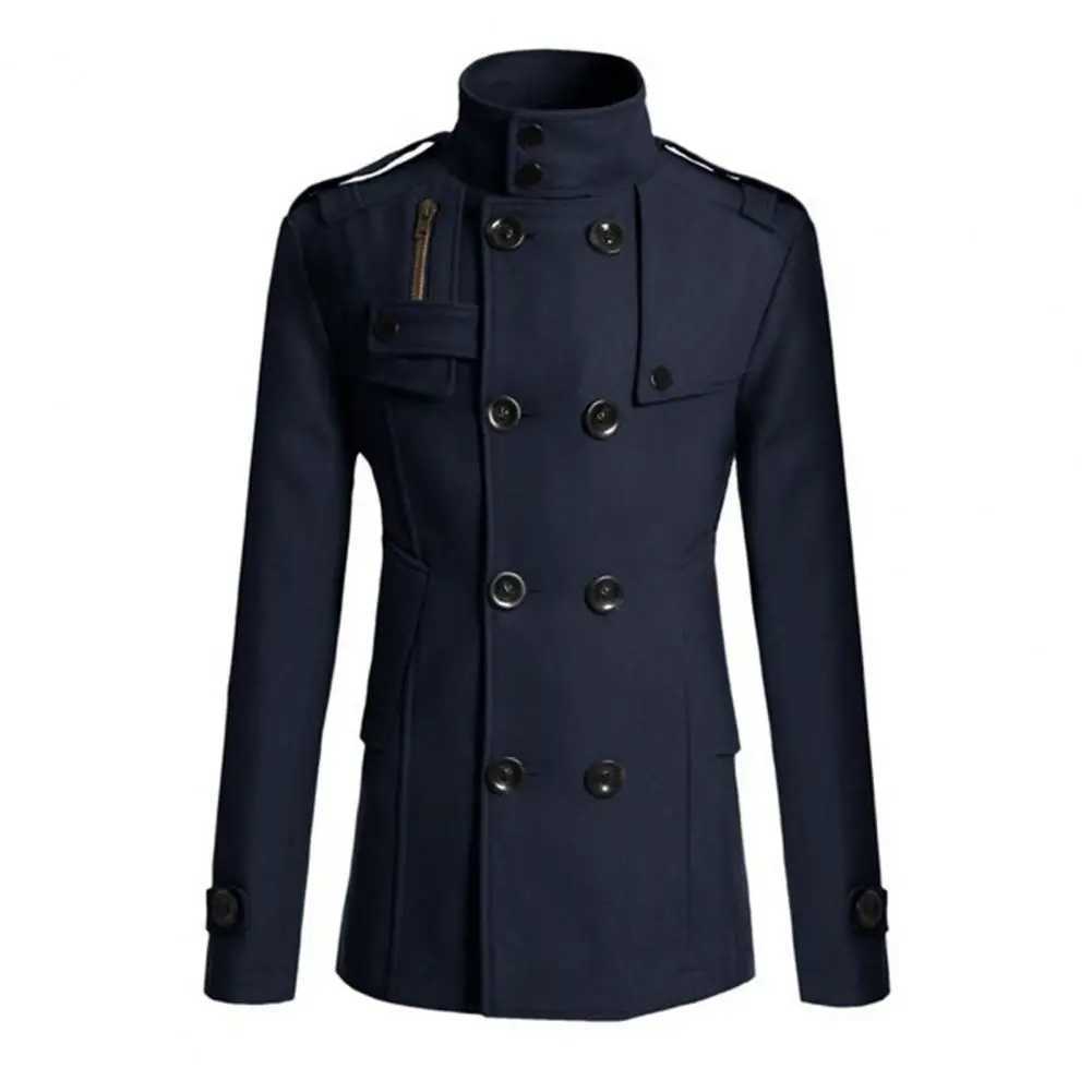 Mens windproof coat solid color double-layer wool coat formal business winter coat casual work clothes W241007