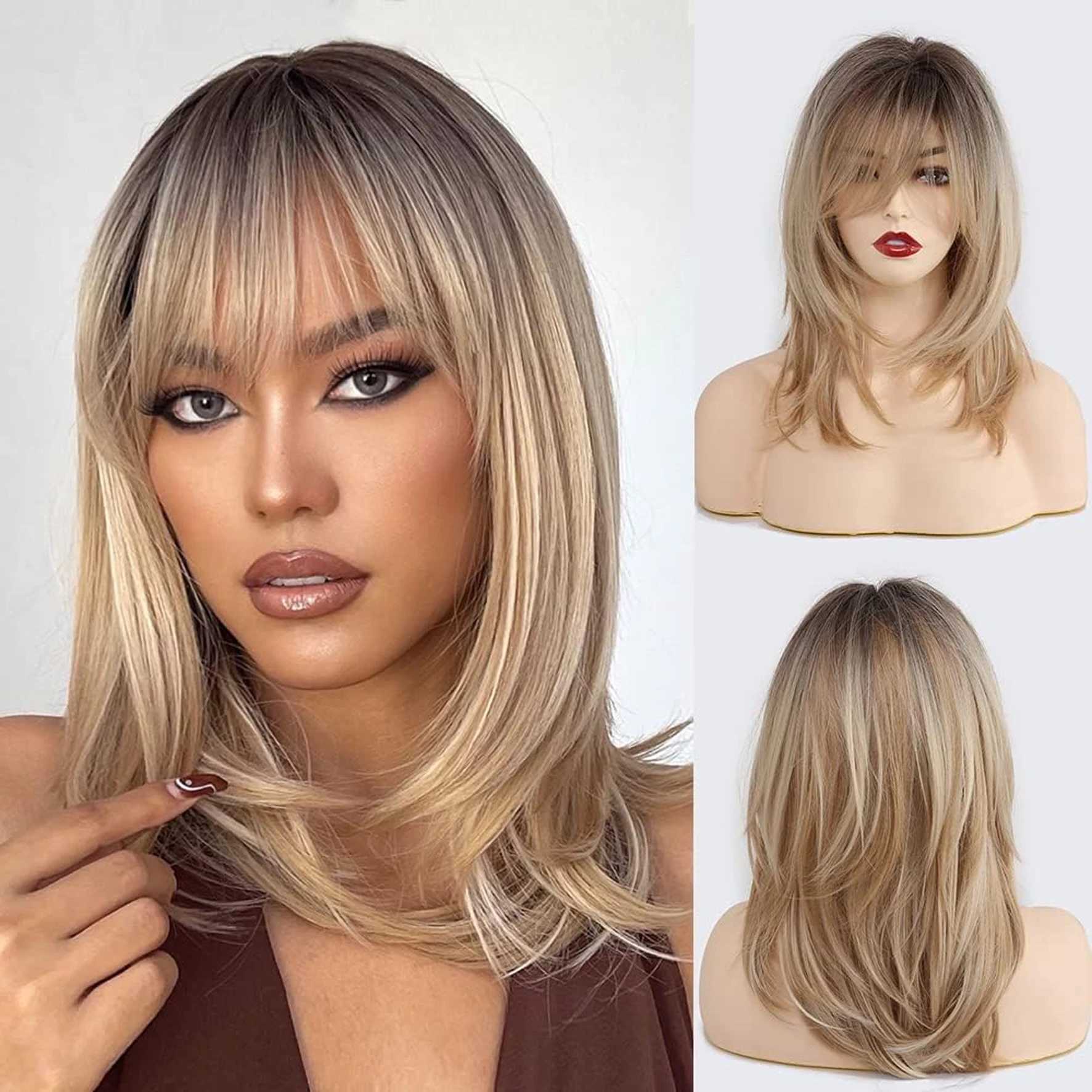 Ombre Color Blonde Wig with Bangs Long Straight Wigs for Women Synthetic Wig Dark Roots for Daily Party CosplayXJ241008