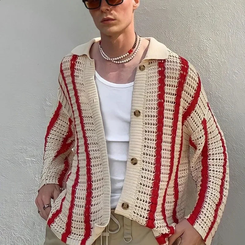 Mens outerwear full matching short sleeved Y2K patch work knit sweater top summer cardigan and lapel sweater 241007