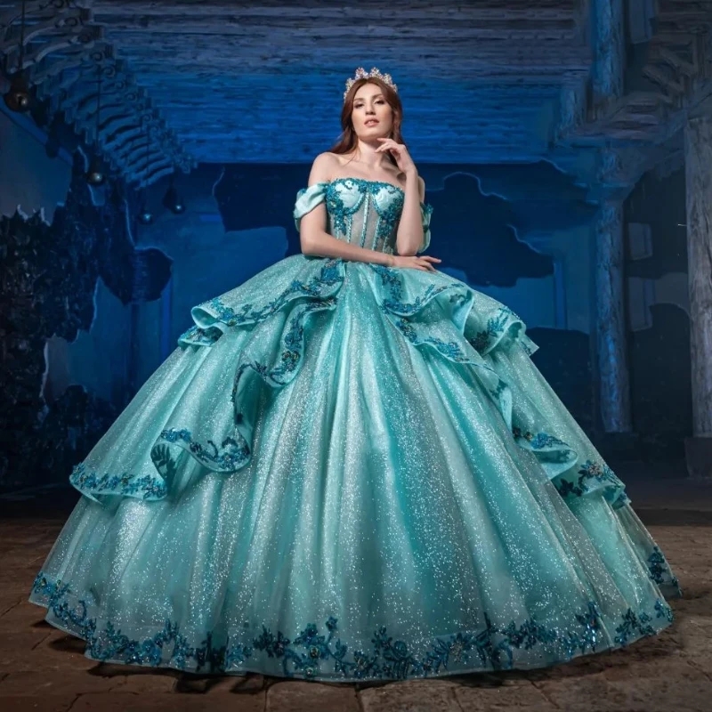 Aqua Blue Quinceanera Dresses Ball Gown Floral Sweet 16 Dress Lace Appliques Beading Tull Off Shoulder Party Birthday Vestidos De 15 Anos
