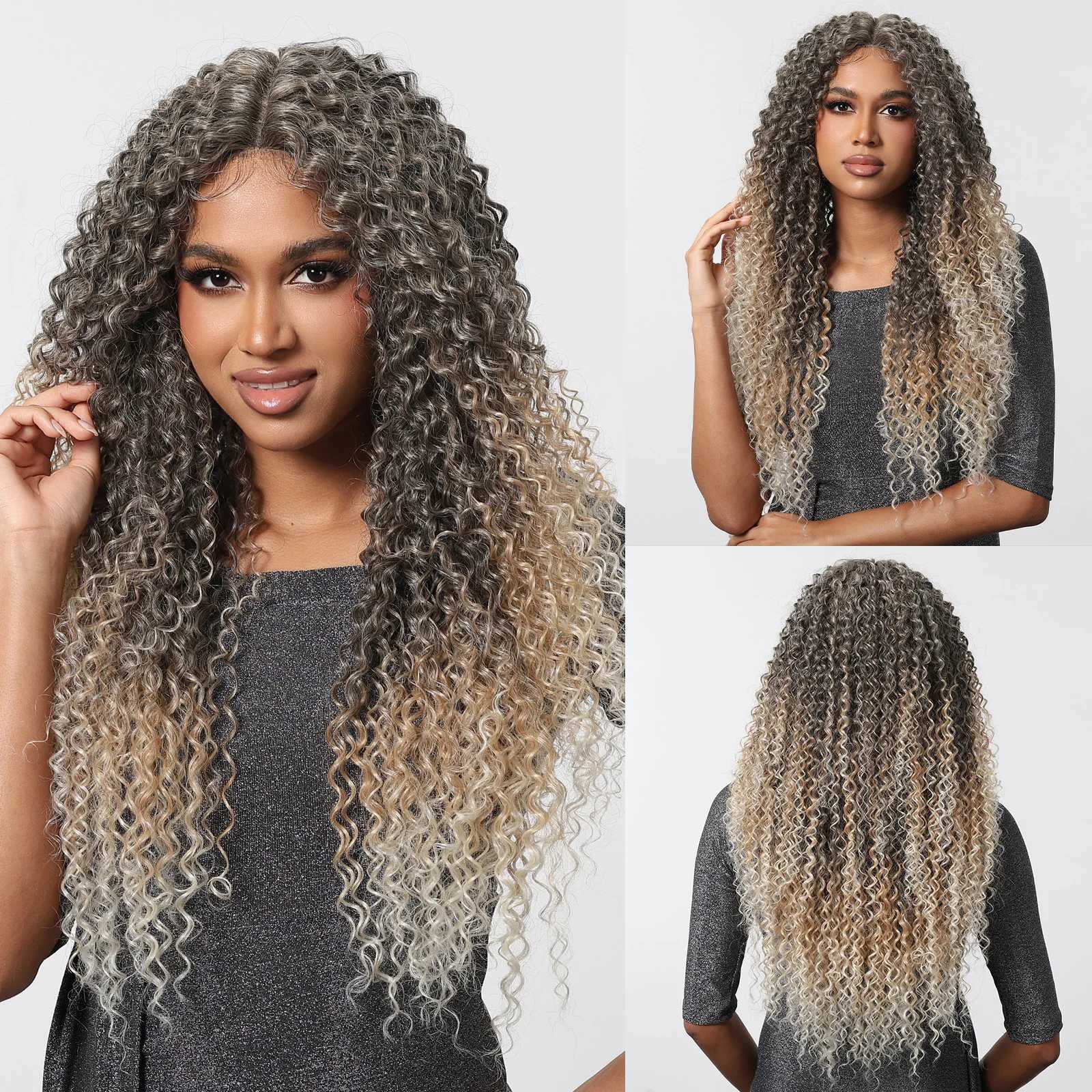 Long Kinky Curly Afro Lace Frontal Synthetic Wigs Gray Blonde Platinum Wigs Deep Curl Wigs for Black Women Brazilian T Part LaceXJ241008