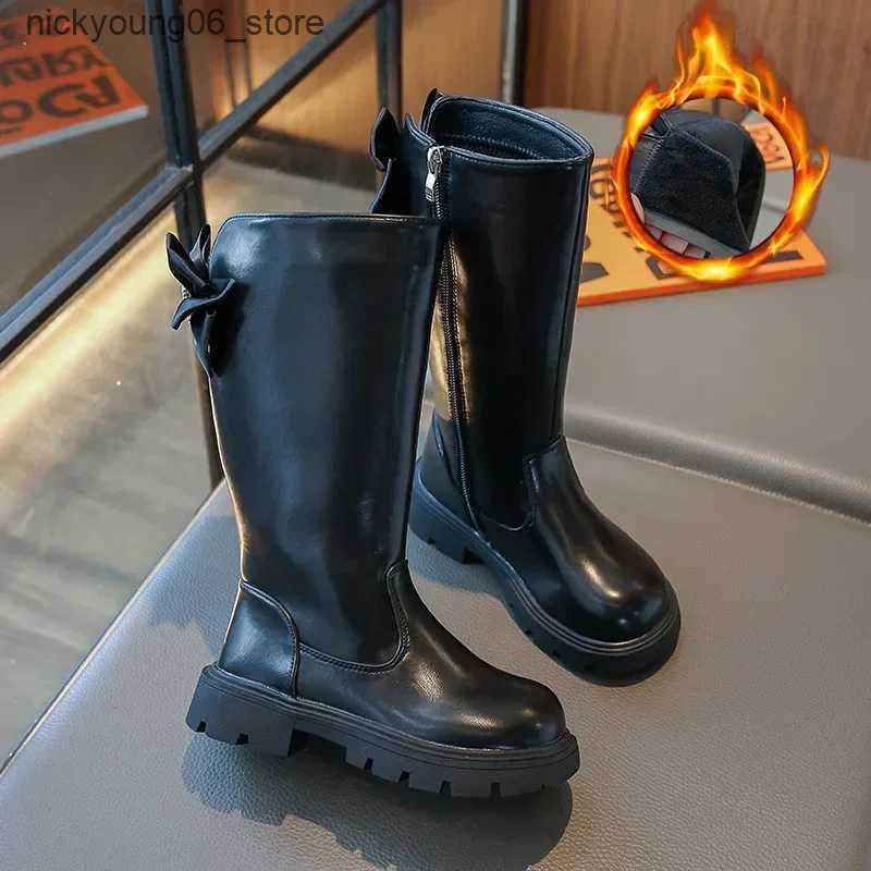 Boots Botas Platform Kid Boot Autumn/Winter 2023 Plush Fashion Princess Boot Bow Tie Long Boot Girl High Boots Medium Sized Kid Shoe L240910