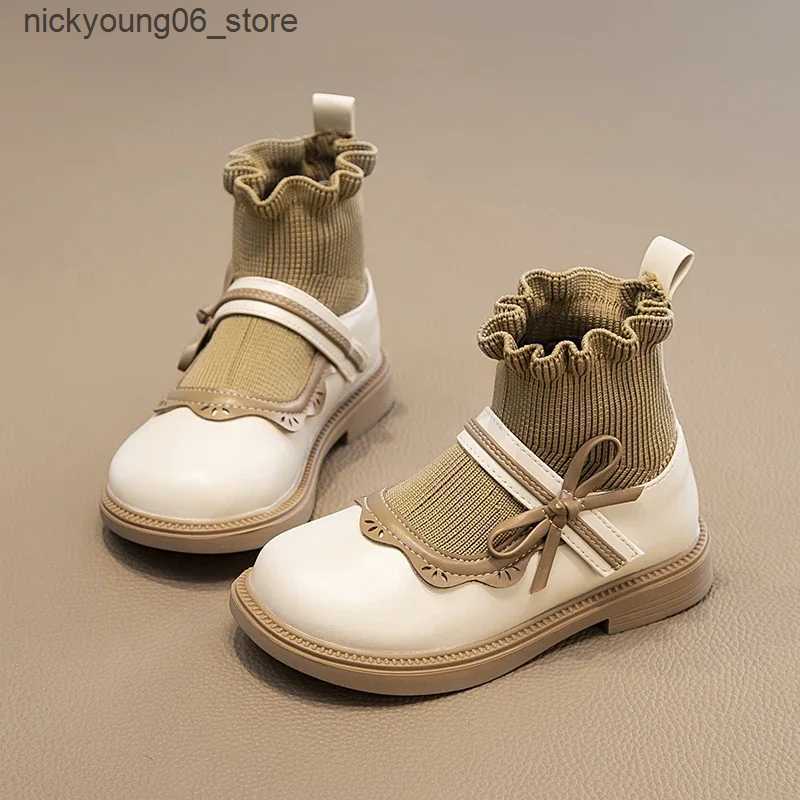 Boots Kids Sock Boots for Girls Hook Loop Color Matching Lace Fashion Children Leather Shoes Non-slip Sweet Princess Boots 2023 New L240910