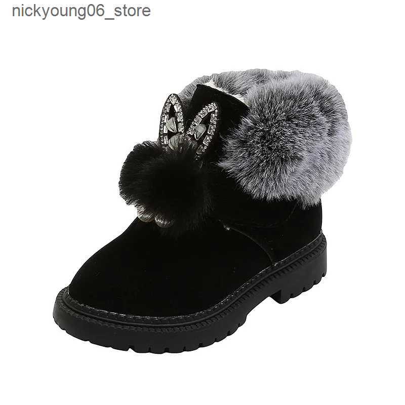 Boots Girls Snow Boots Kids Ankle Boots Sweet Cute Rabbit Ear Crystal Fluffy Smooth Fur Hairy Warm Thick Cotton Children Winter Boots L240910