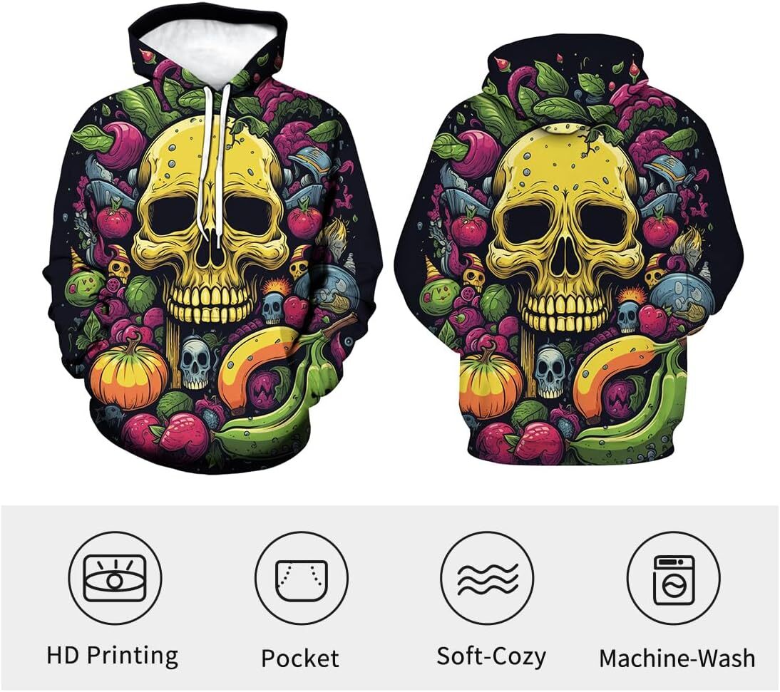 Hoodie for Mens Womens Unisex Fruit Banana Hoodie Men Skull Printed Hooded Casual Long Sleeve Pullover Hoodies Pocket Graphic comfort